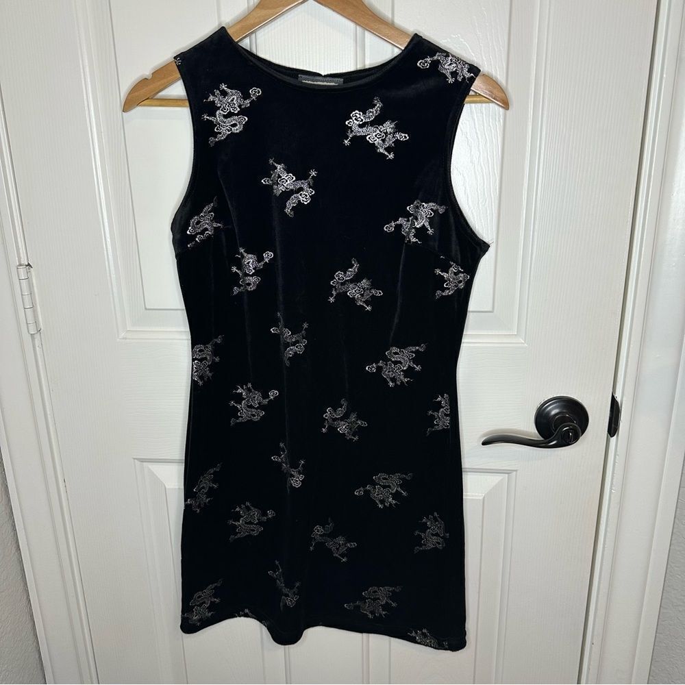 VTG 90s Aqua Blues Black Velvet Silver Dragon Oriental Style Mini Dress Sz M